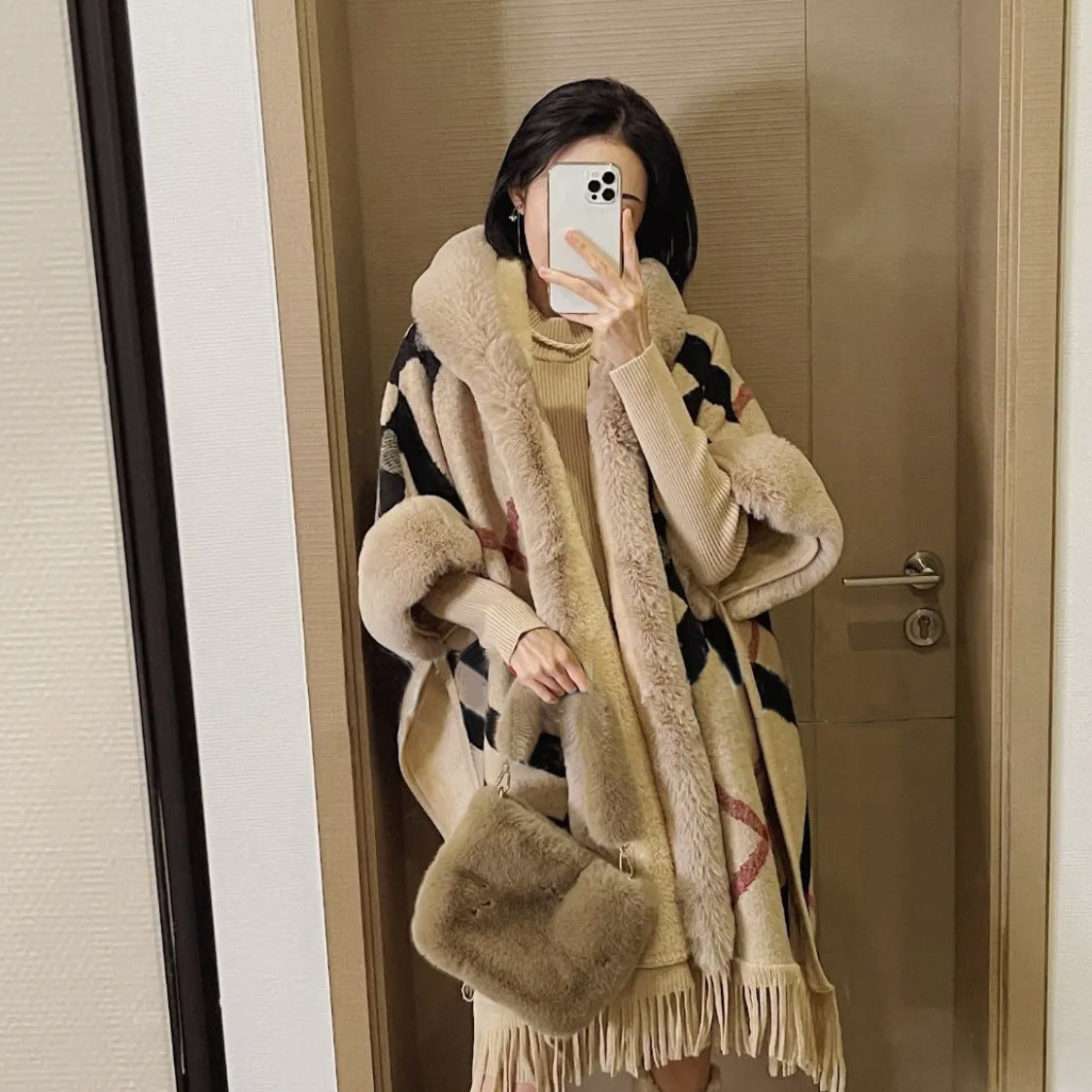 Autumn and winter temperament plaid plush thickened fur collar knitted shawl cape women's woolen coat 0862 #