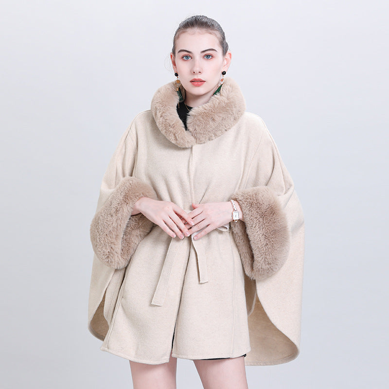 beige autumn and winter fur collar lace-up knitted cardigan cape loose woolen jacket Q1000 #