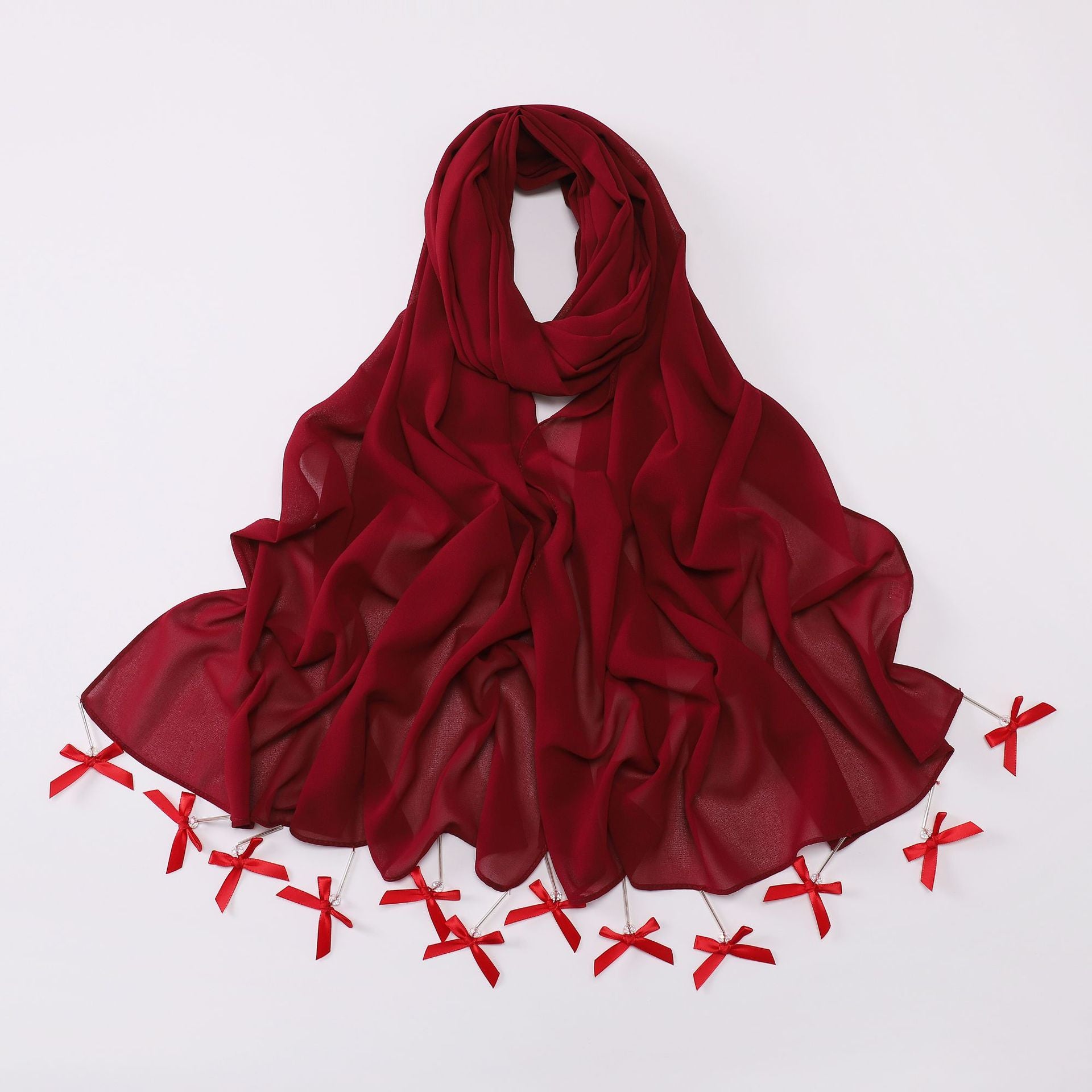 Hand sewn glass tube bow chiffon long towel yarn scarf Malaysia small fresh headscarf