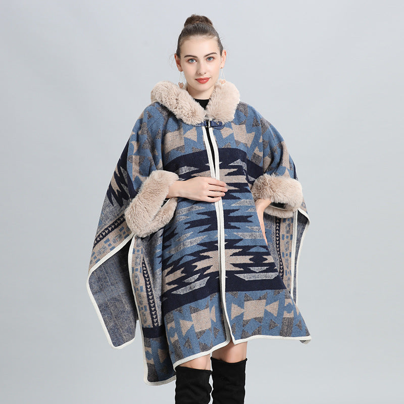 European and American autumn and winter new large size loose cloak imitation fur collar jacquard knitted cardigan shawl cloak jacket 0967 #