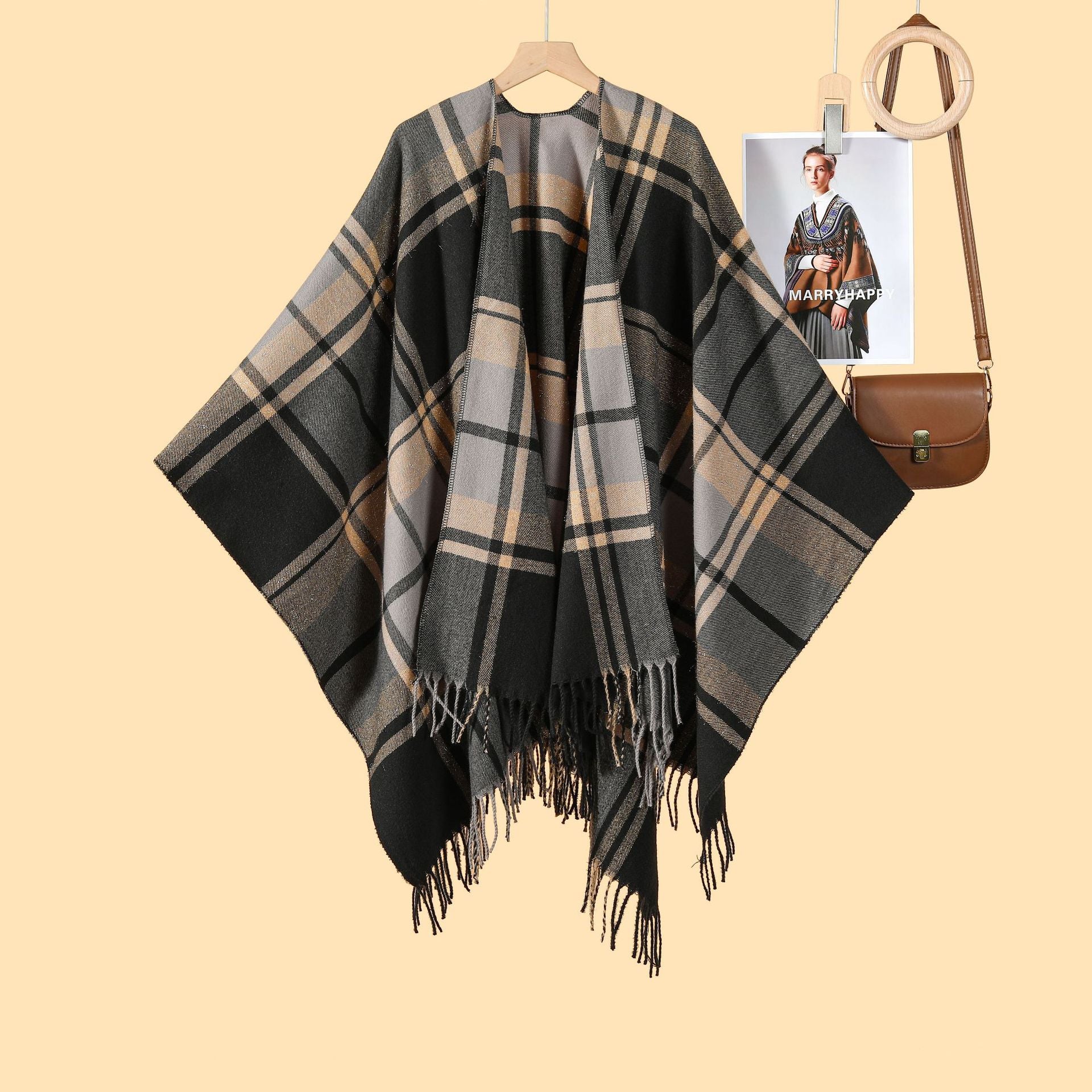 Women's Classic Silver Silk Plaid Cape Cape European and American Street Fashion Catwalk Outside Cape Spring and Autumn Warm Cape