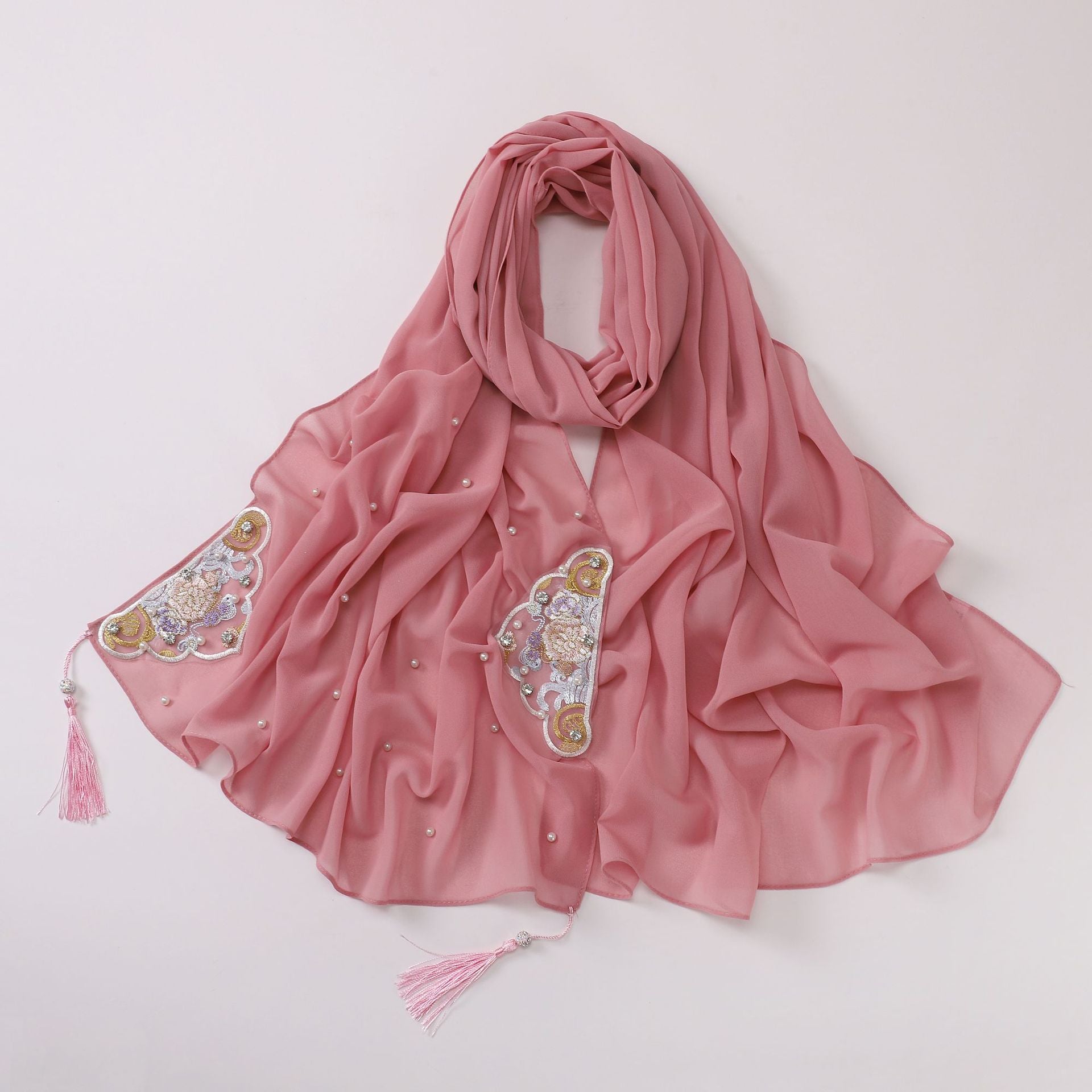 New pearl chiffon embroidered scarf diamond Tassel Shawls Middle East and Africa headscarf