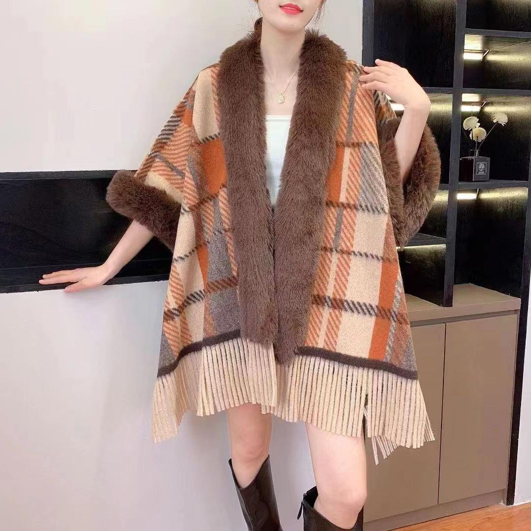 Autumn and winter shawl versatile fur collar fringed plaid cardigan shawl cape with woolen coat female 1224 #