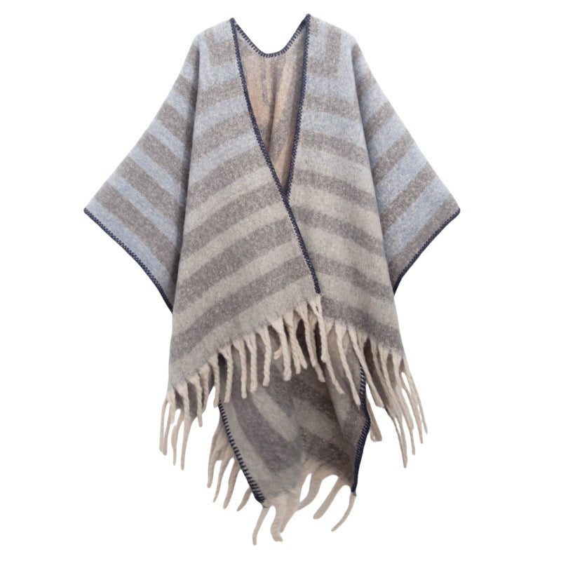 2025 new European and American autumn and winter circle yarn imitation mohair thickened jacquard striped shawl