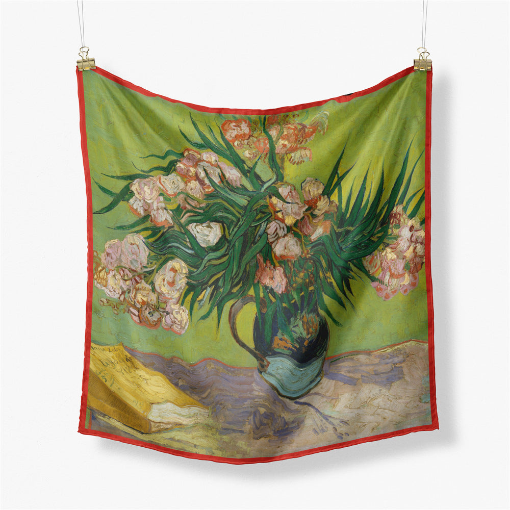 Fashion Van Gogh art oil painting 53cm small square scarf, twill silk imitation silk women's scarf, headband
