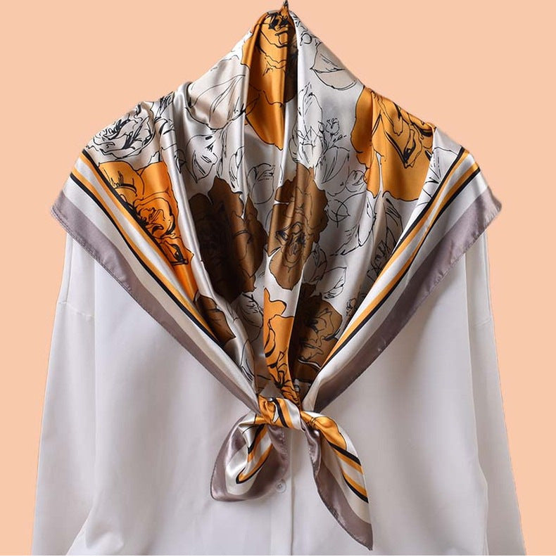 Spring and summer temperament big flower printing versatile decorative scarf headscarf silk scarf 90 high-quality satin large square scarf