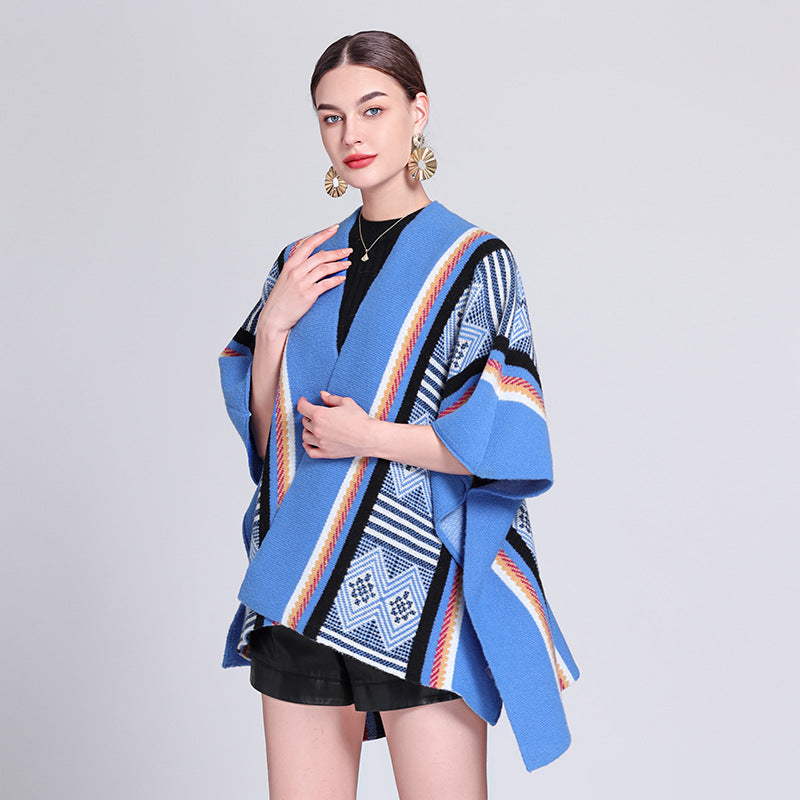 Europe, America, autumn and winter new ethnic style travel fashion knitted jacquard split shawl cape cape coat women