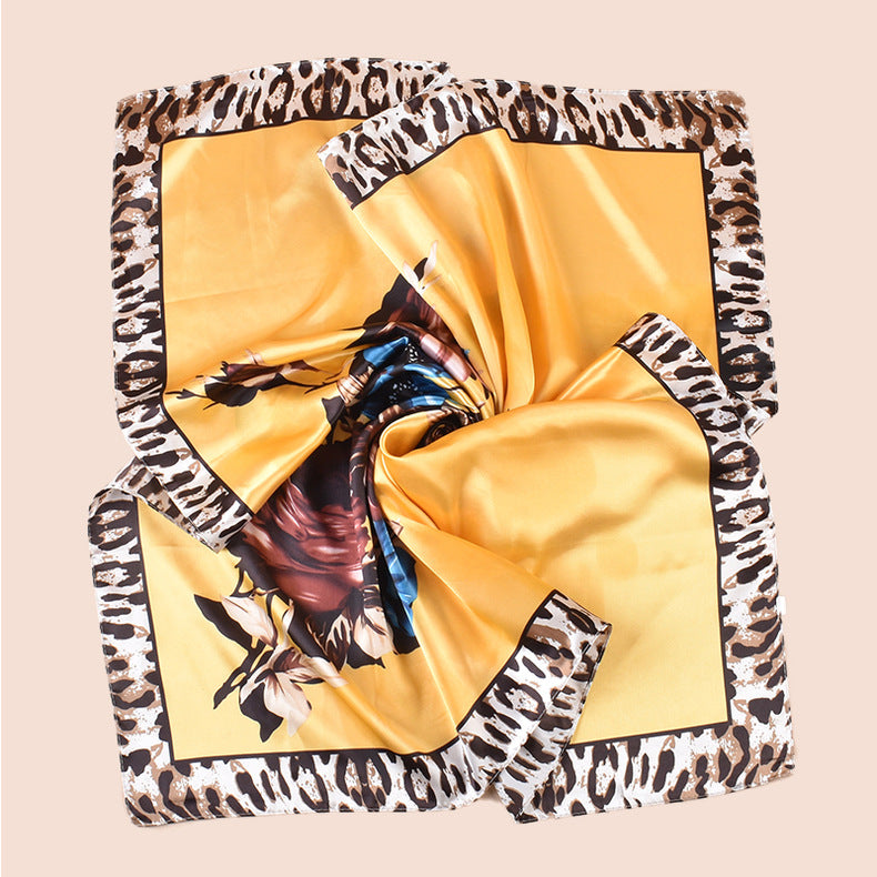 Spring new large shawl simulation silk leopard print rose printing silk scarf head scarf 90-color large square scarf