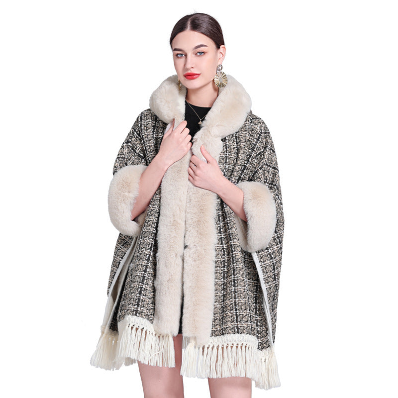 Europe, America, autumn and winter new woolen coat women's fashion fur collar hooded fringed cape shawl with cape small fragrance
