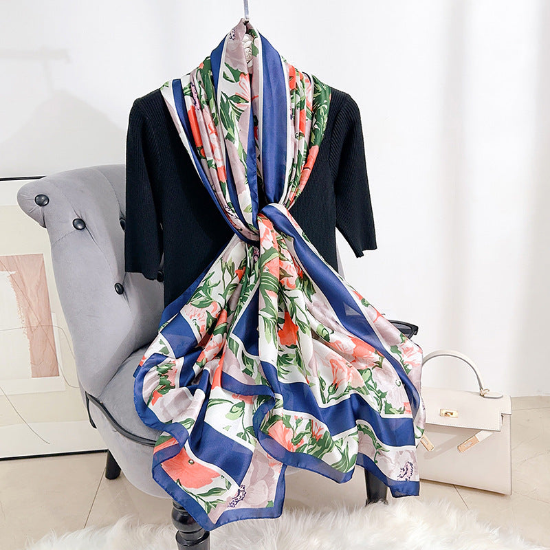 INS style Japan and Korea plant flower print scarf Mother's Day gift light luxury style retro temperament long scarf