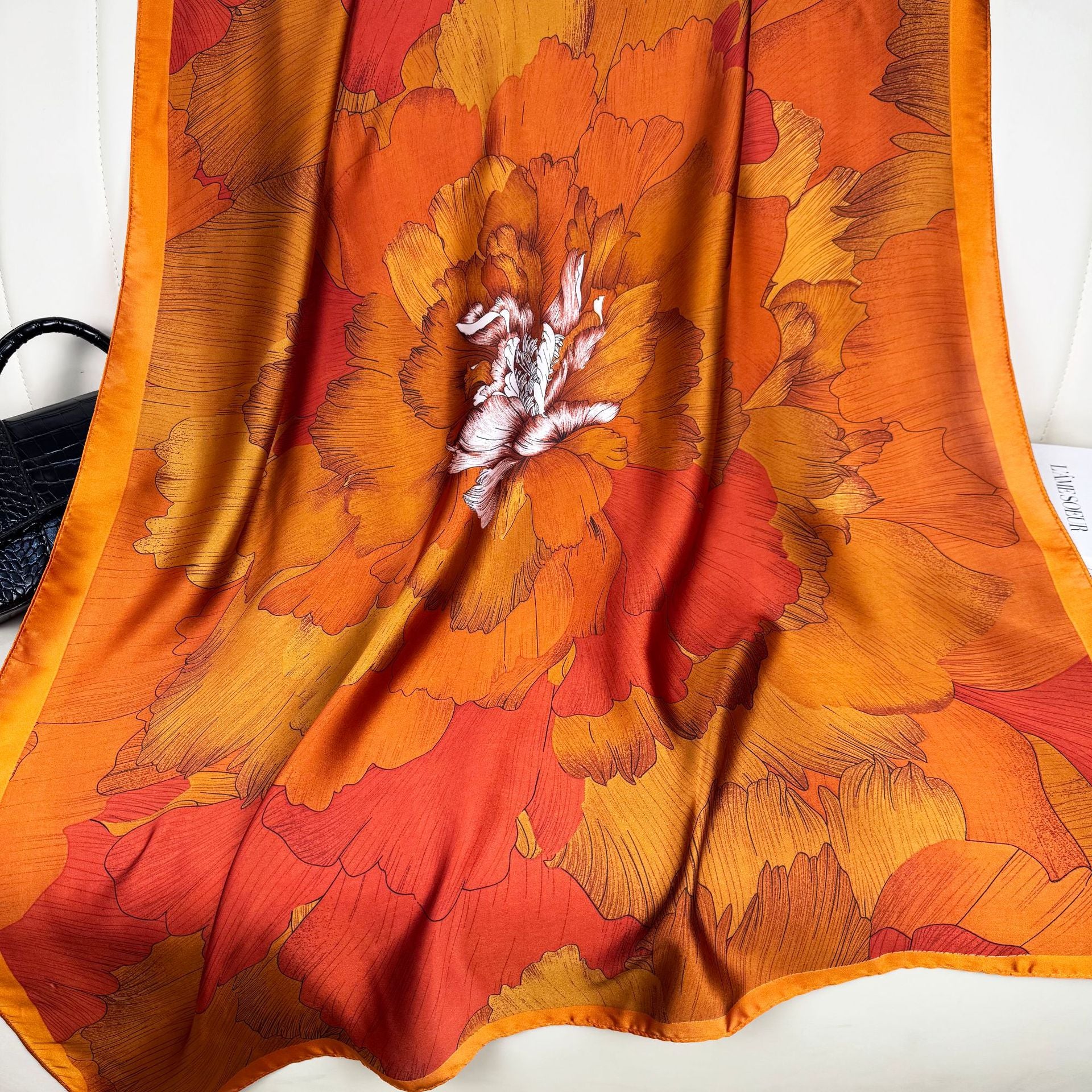 Korean version of fashion versatile gradual change color plant flower long silk scarf, elegant temperament women's vacation outside shawl scarf