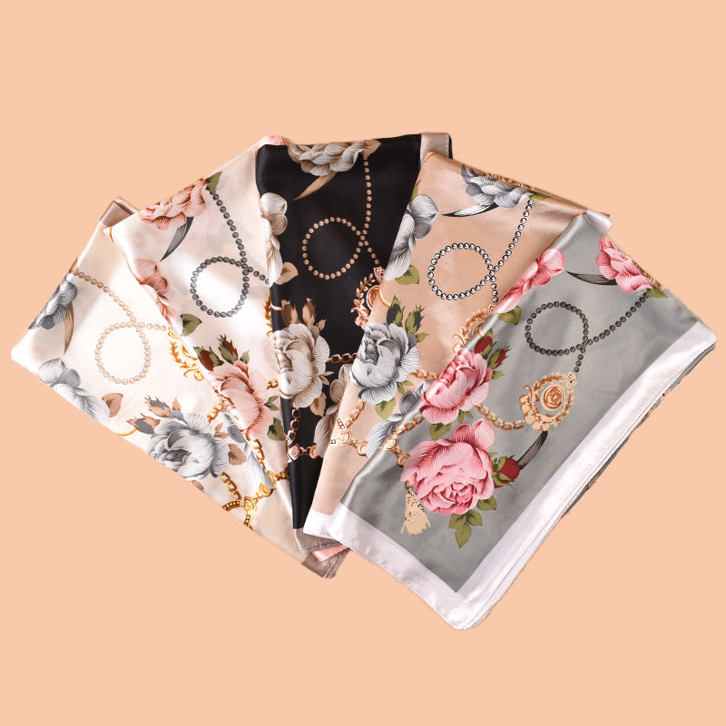 2025 new 90-color beautiful chain flower printing square scarf with sunscreen, bag head silk scarf decoration, scarf