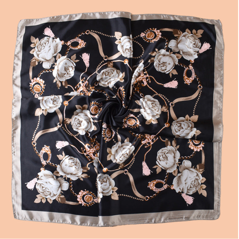 2025 new 90-color beautiful chain flower printing square scarf with sunscreen, bag head silk scarf decoration, scarf