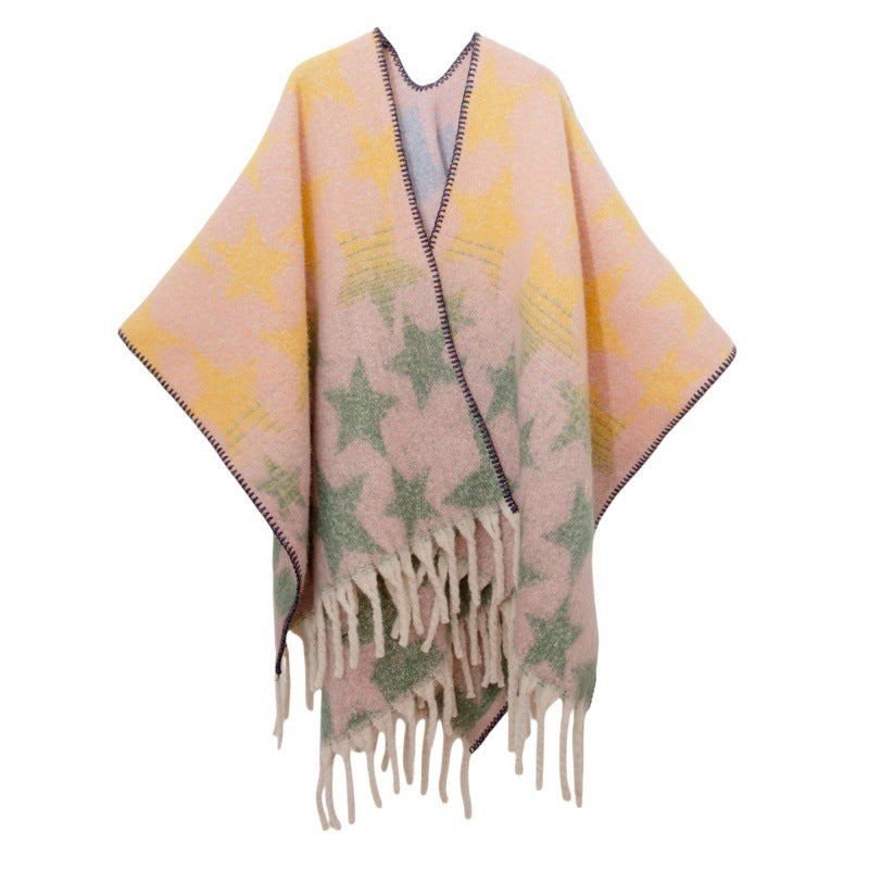 2025 new European and American autumn and winter imitation mohair double-sided thickened jacquard five-pointed star cross shawl