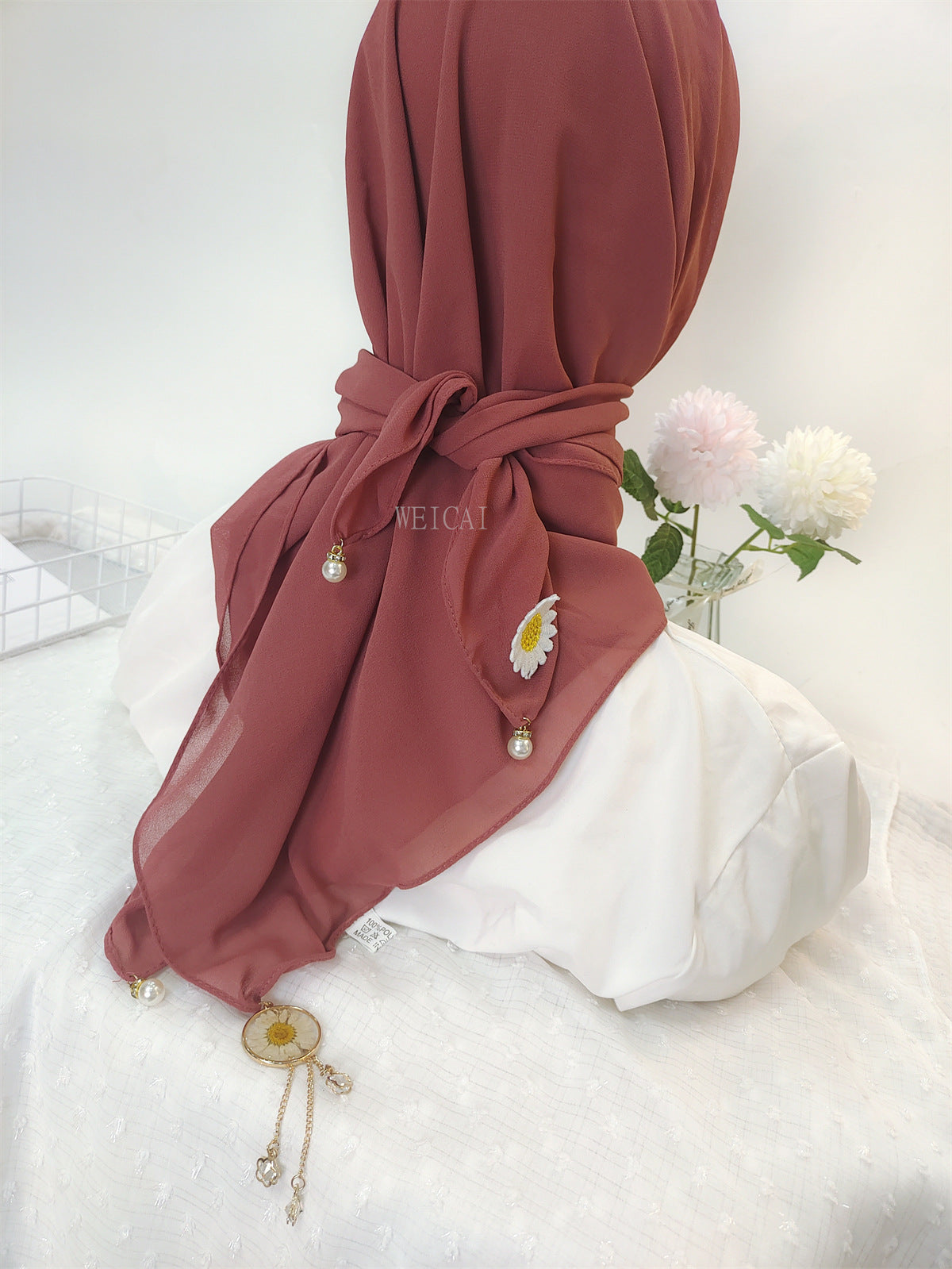 New solid color chiffon square scarf headscarf ins wind small daisy dried flower yarn hijab