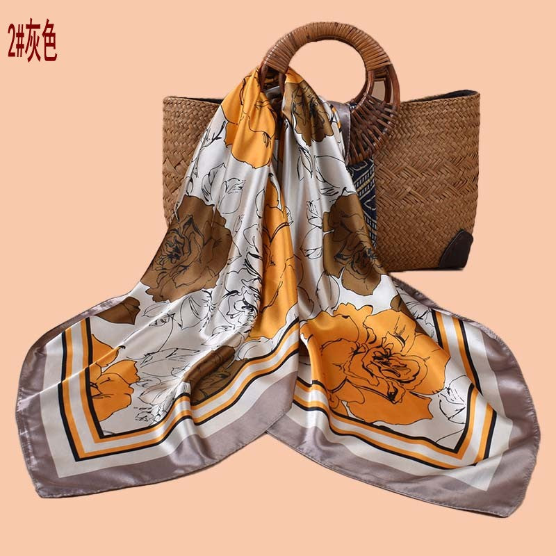 Spring and summer temperament big flower printing versatile decorative scarf headscarf silk scarf 90 high-quality satin large square scarf