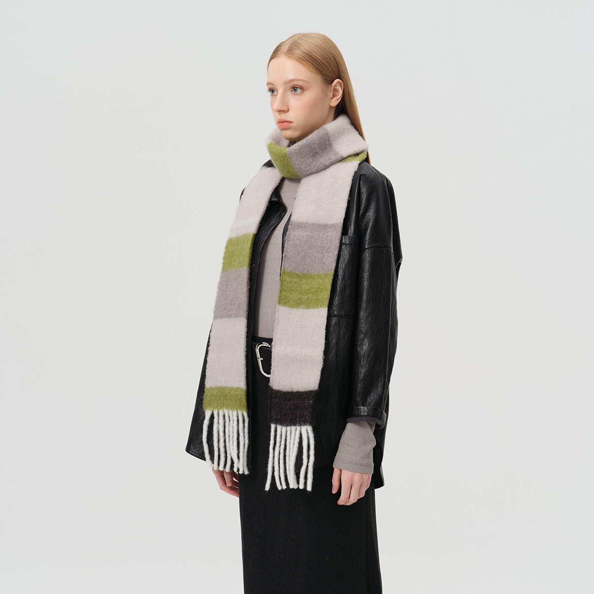 Designer 70% wool striped fringed scarf women's autumn and winter color matching fine and narrow decorative wool wool scarf