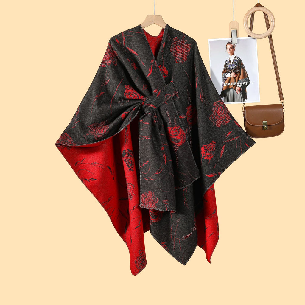 Ladies French Romantic Rose Split Shawl Cloak Multifunctional Side Straps Outside with Warm Cardigan New