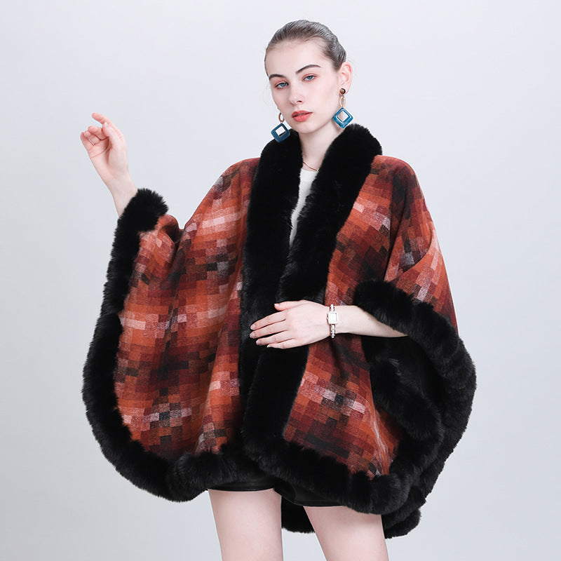 European and Korean autumn and winter fashion new scarf shawl plaid plush thickened fur collar shawl cape 0987