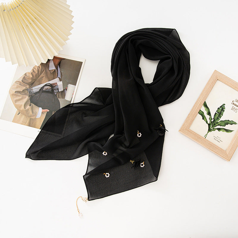 New pearl chiffon flower pearl scarf yarn scarf 90CM square scarf Middle East and Africa headscarf