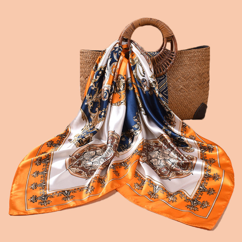 Spring and summer symmetrical vine symbol printed versatile decorative scarf headscarf silk scarf 90 high-quality satin square scarf