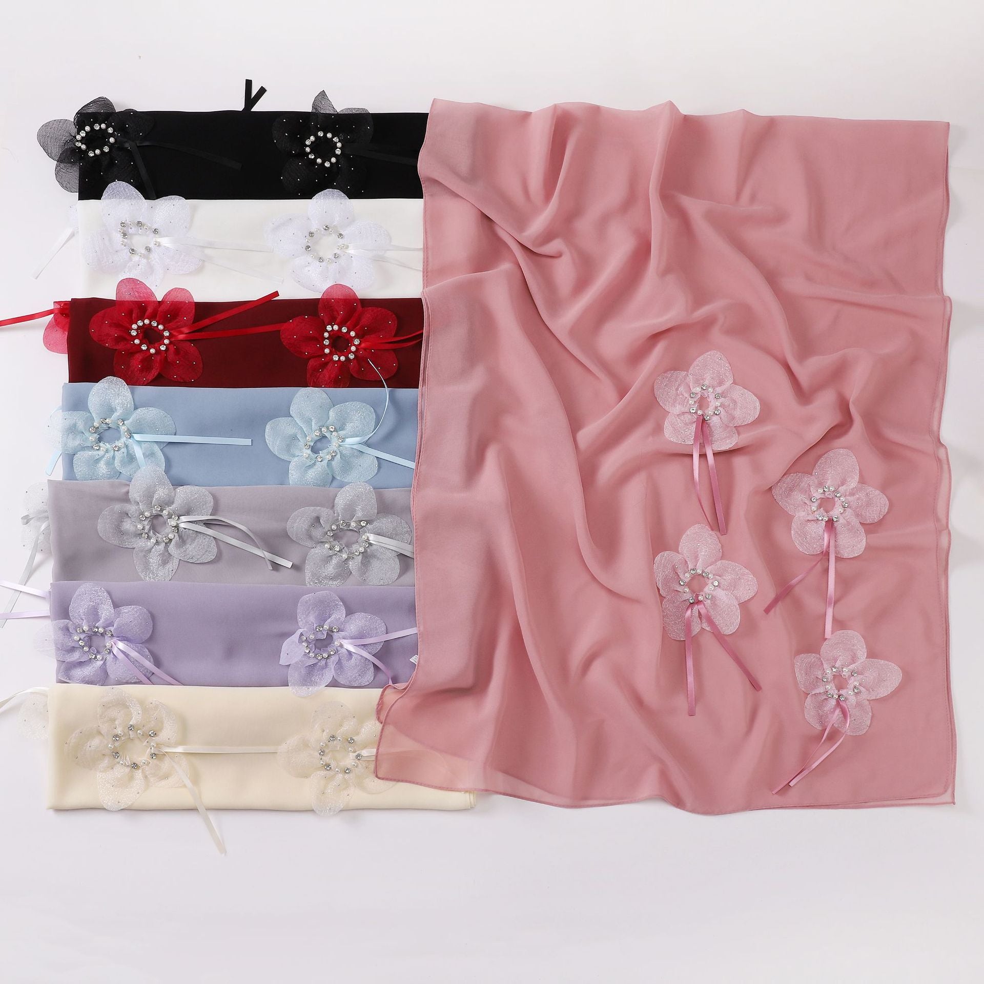 New Pearl Chiffon Handmade Sticky Flower Bead Nailed Drill Long Towel Yarn Middle East Malay Headscarf