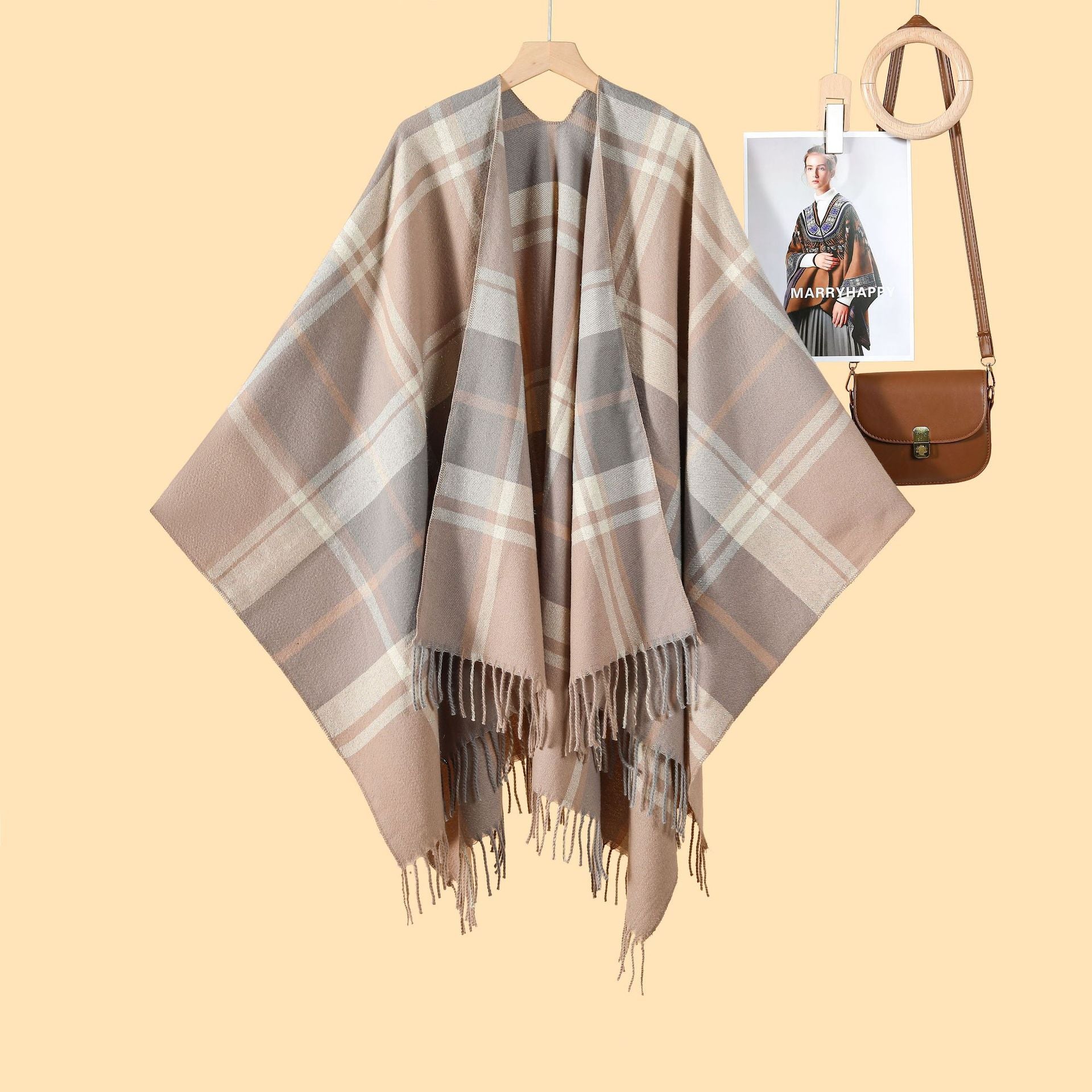 Women's Classic Silver Silk Plaid Cape Cape European and American Street Fashion Catwalk Outside Cape Spring and Autumn Warm Cape