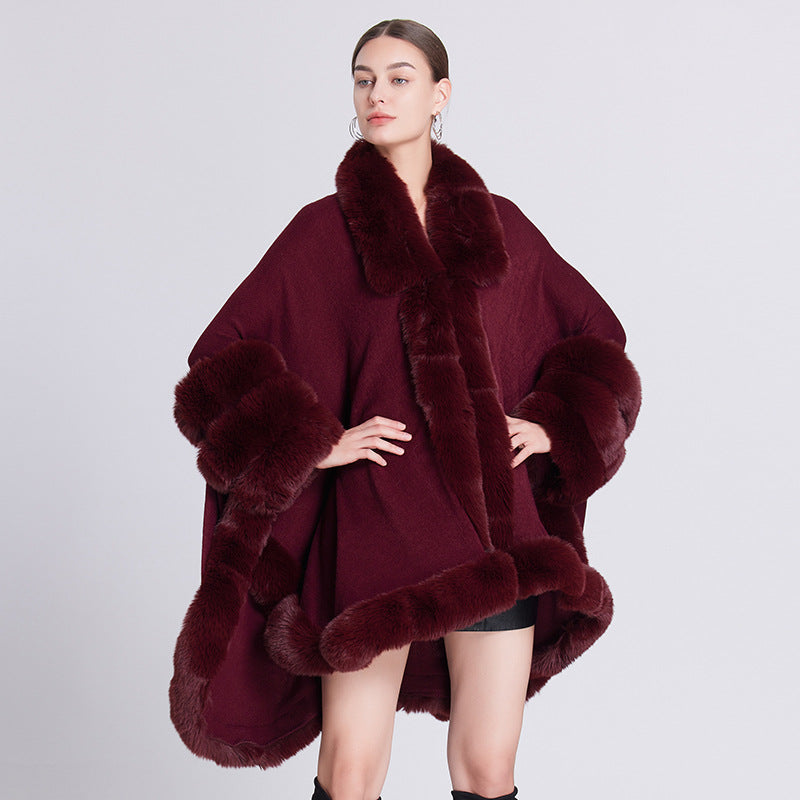 European and American autumn and winter new knitted fur collar loose cape shawl cape with medium and long imitation fur coat women