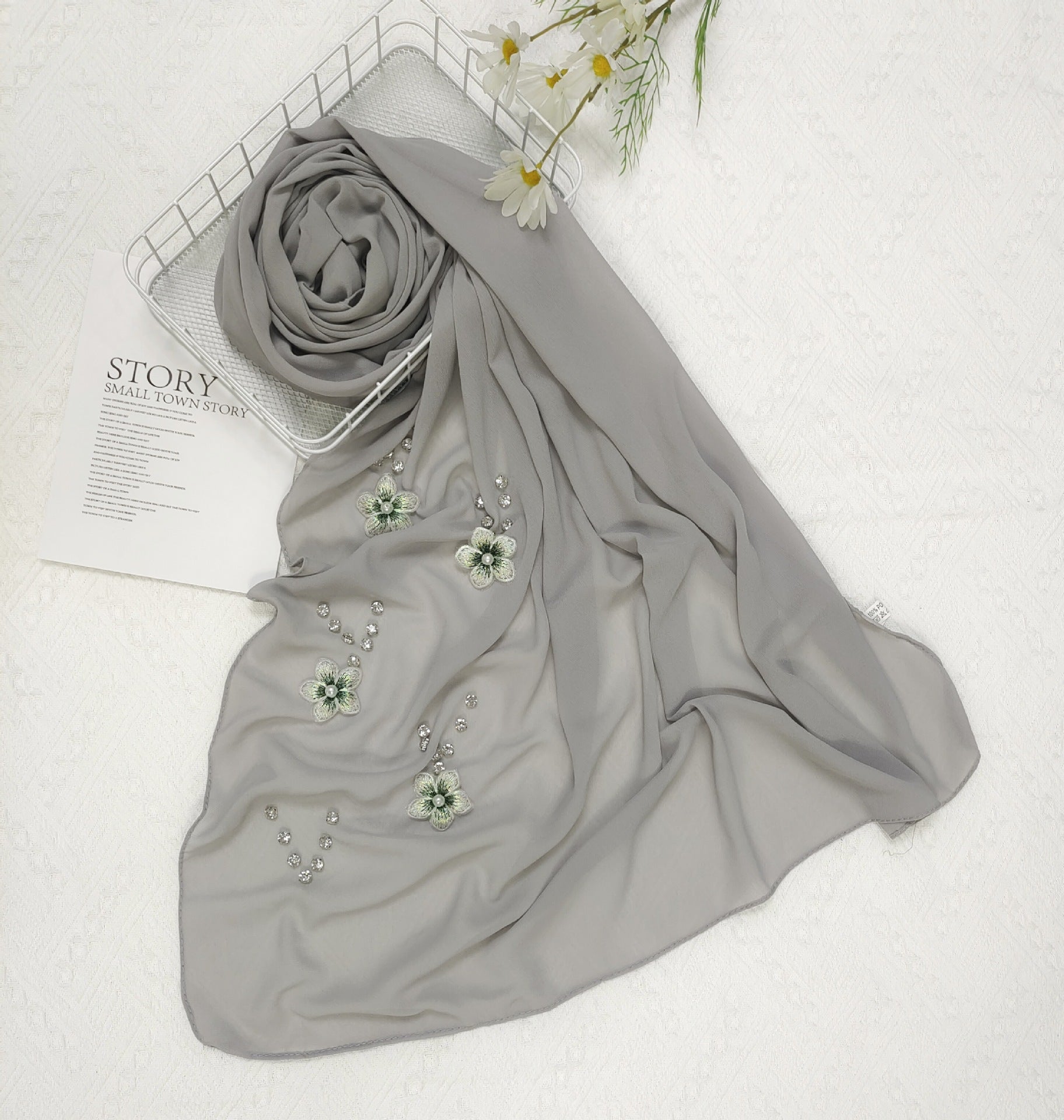 New Diamond Flower Pearl Chiffon Scarf Women's Scarf Middle East Headscarf