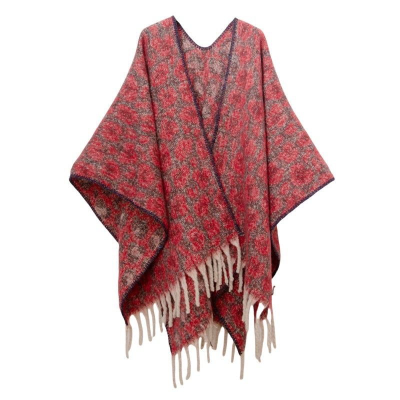 European, American autumn and winter circle yarn imitation mohair thickened jacquard leopard print fringed cross shawl