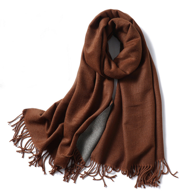 Simple solid color imitation cashmere scarf men's and women's winter thickened warm double-sided two-color versatile fringed shawl core-spun yarn