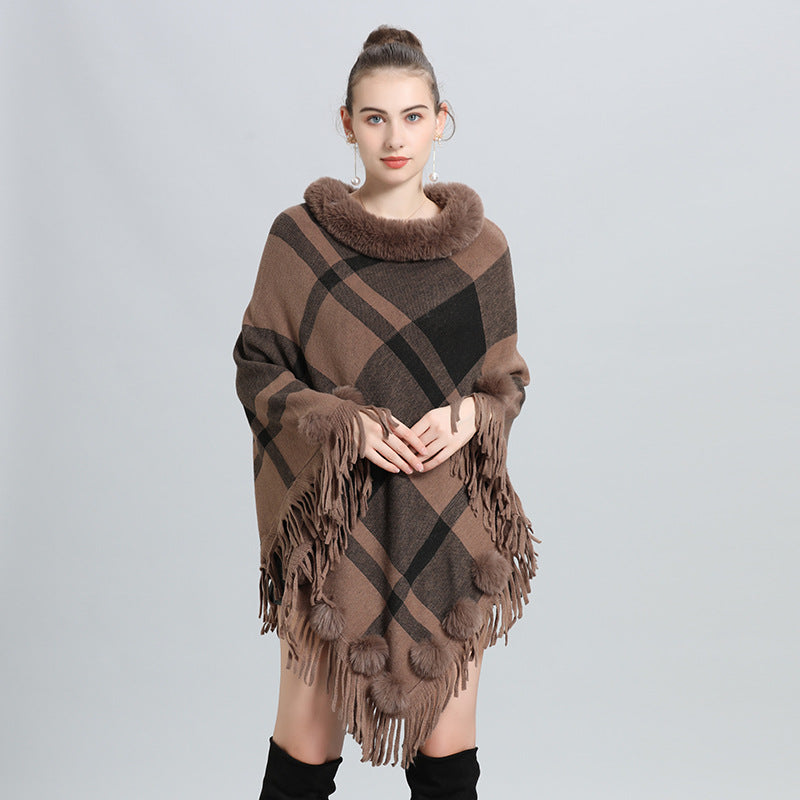 European and American autumn and winter new imitation fur collar round neck plaid hairball pullover knitted sweater cape shawl jacket women 0972 #