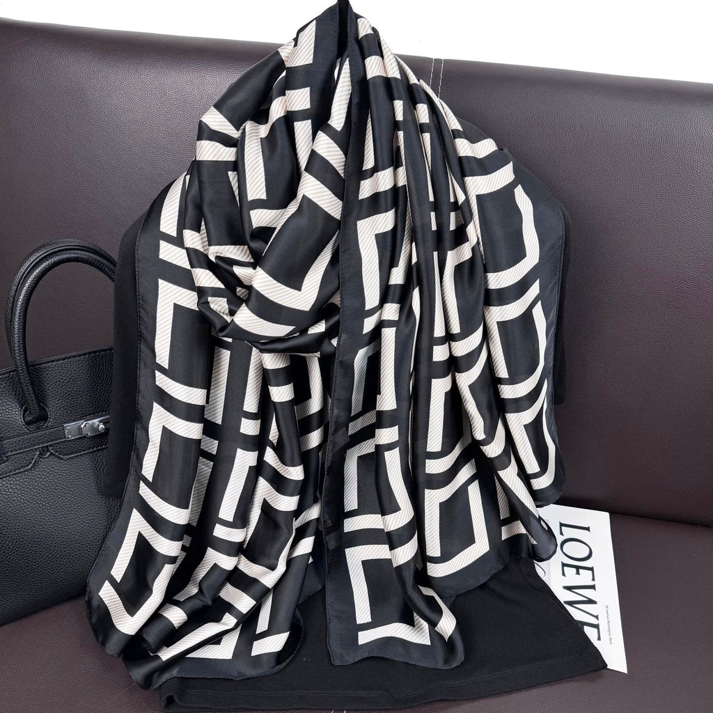 Simple classic black and white square simulation silk long silk scarf, Korean version of fashionable and versatile outer shawl, women's scarf headscarf