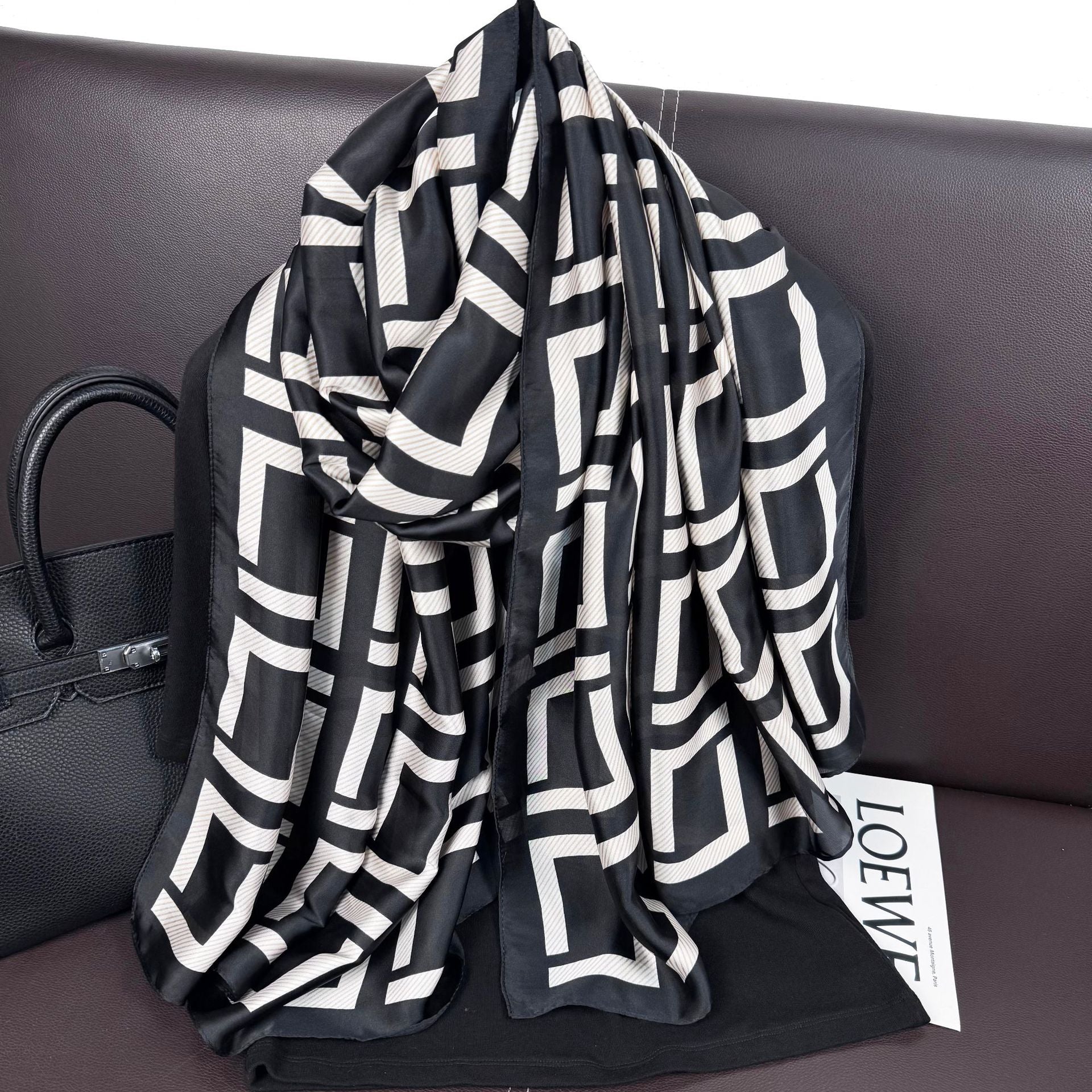 Simple classic black and white square simulation silk long silk scarf, Korean version of fashionable and versatile outer shawl, women's scarf headscarf
