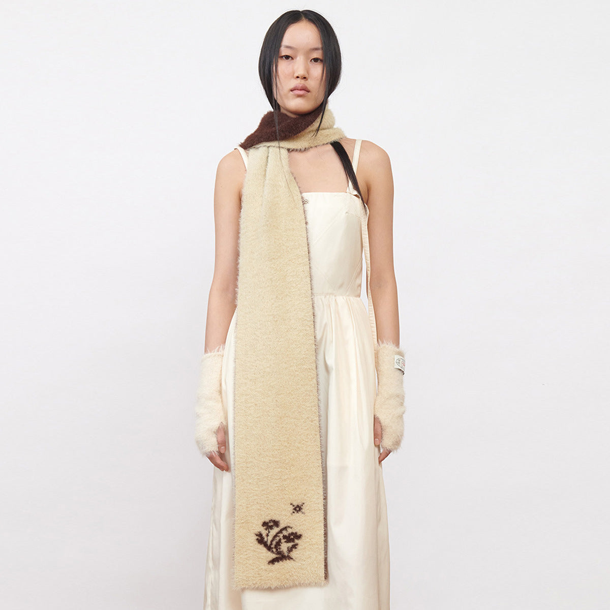 Korean niche designer double-layer color matching flower knitted scarf women's imitation mink soft retro wool scarf