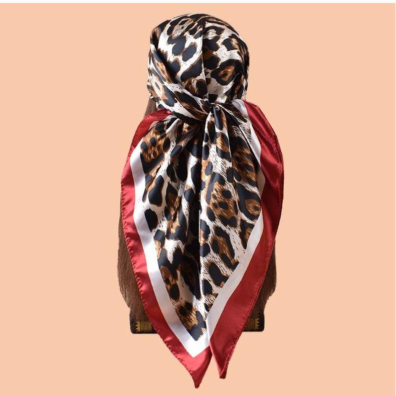 2025 new 90-satin fashion leopard print versatile printed square scarf with sunscreen, bag head silk scarf decoration, scarf