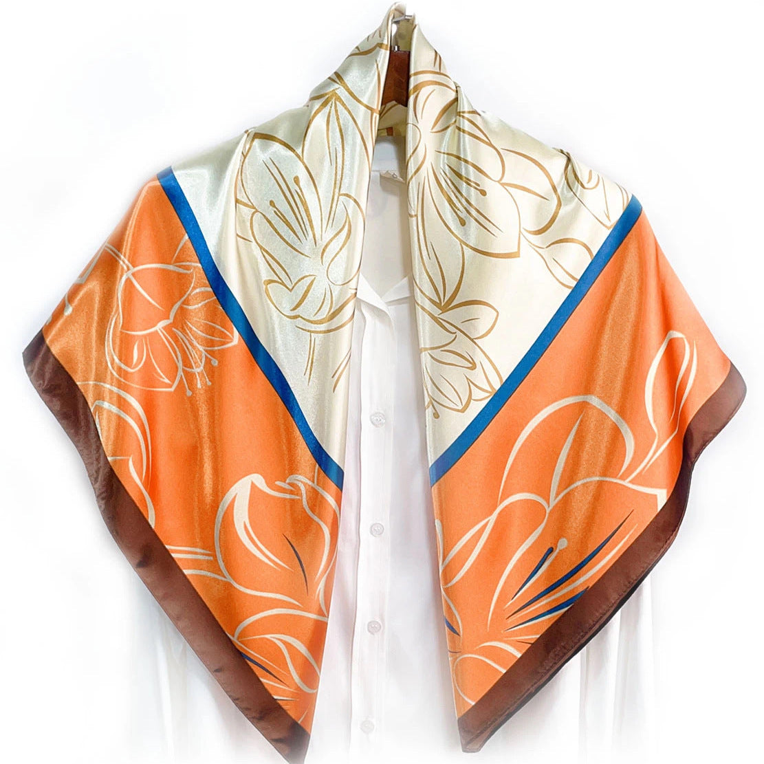Elegant temperament women's decorative scarf, imitation silk satin plant flower flower printed silk scarf, bag head square scarf