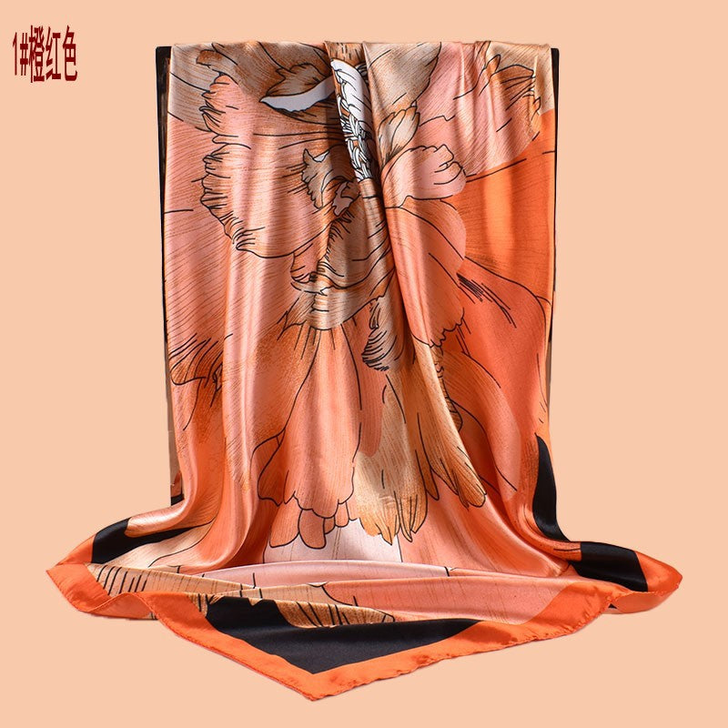 New 90-satin peony flower blooming rich printing square scarf with sunscreen bag head silk scarf decorative scarf