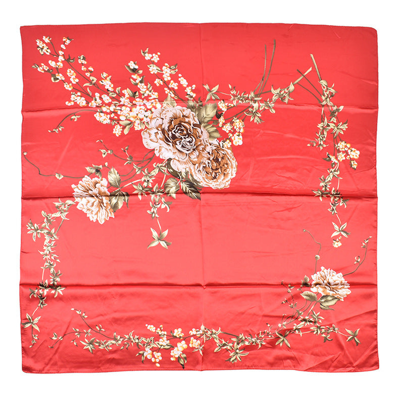 Summer new French elegant peony bouquet pattern 90 satin large square scarf headscarf scarf