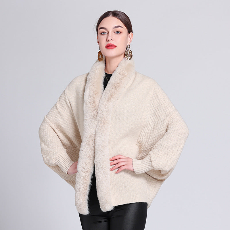 Autumn and winter new fashion loose fur collar bat sleeve knitted cardigan shawl with cape jacket women 1226