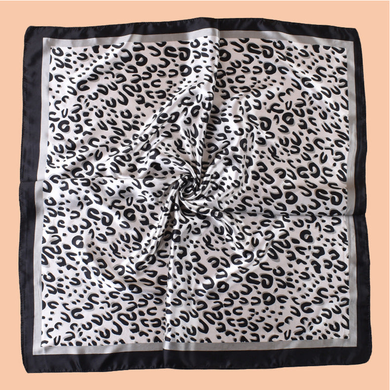 2025 new 90-satin U-word leopard print versatile printed square scarf with sunscreen, bag head silk scarf decoration, scarf