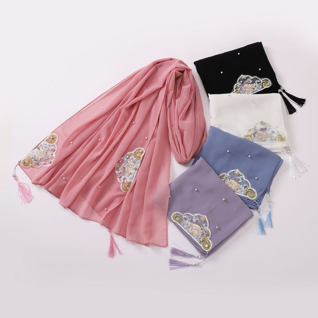 New pearl chiffon embroidered scarf diamond Tassel Shawls Middle East and Africa headscarf