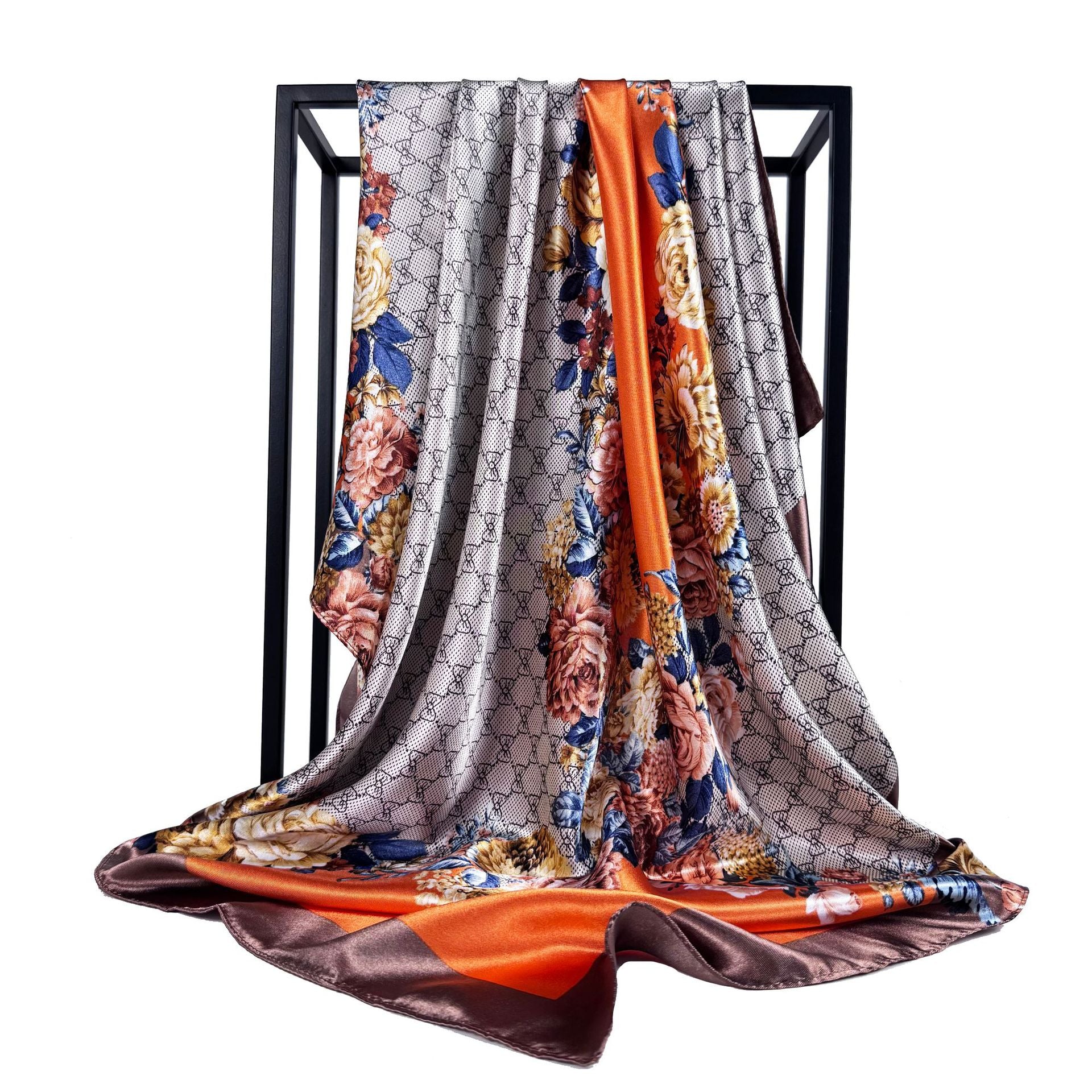 European and American fashion court fan cashew pattern flower flower print silk scarf, imitation silk satin large square scarf headscarf