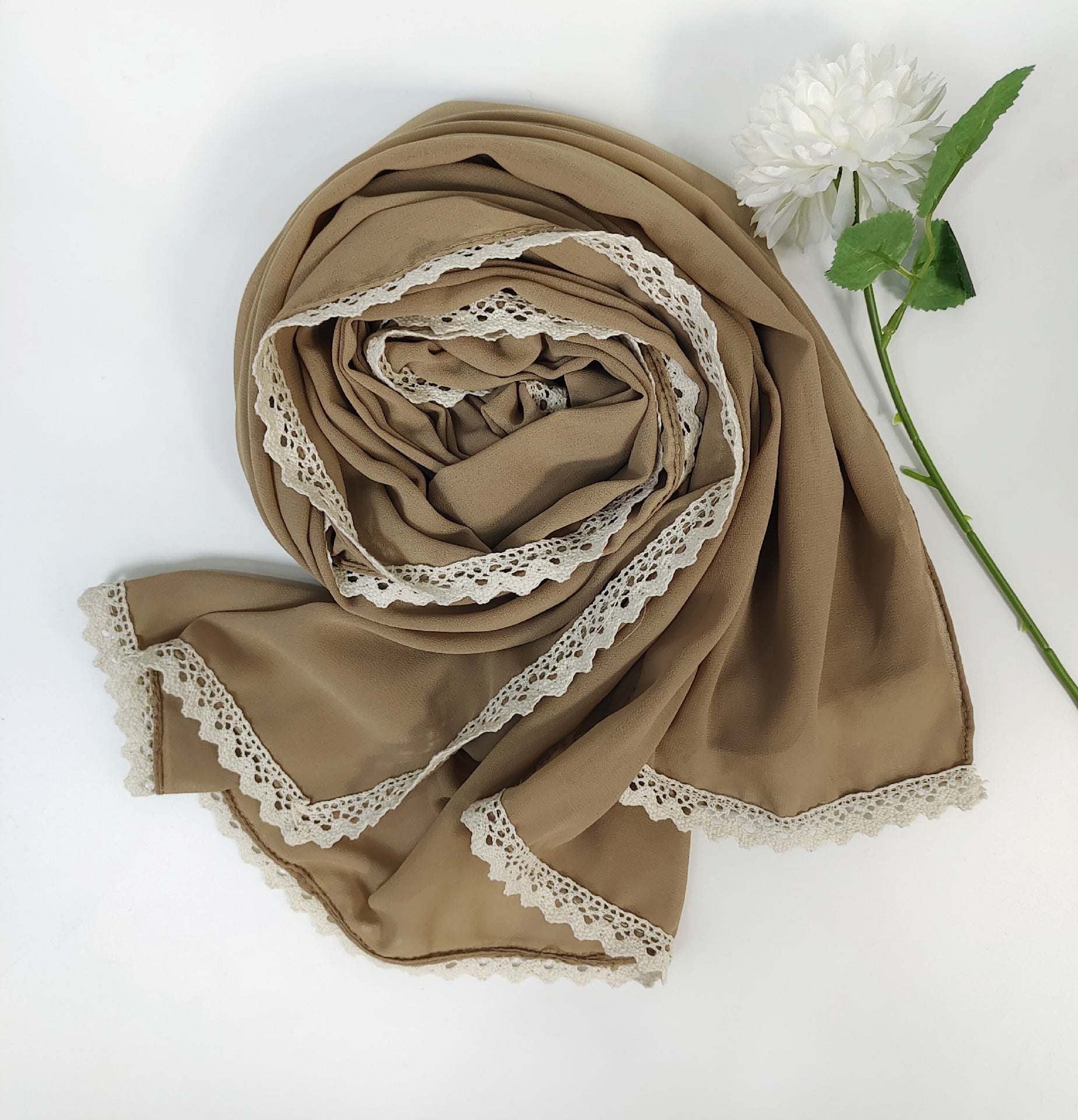 New ins fashion monochrome pearl chiffon lace fringed  scarf headscarf hijab