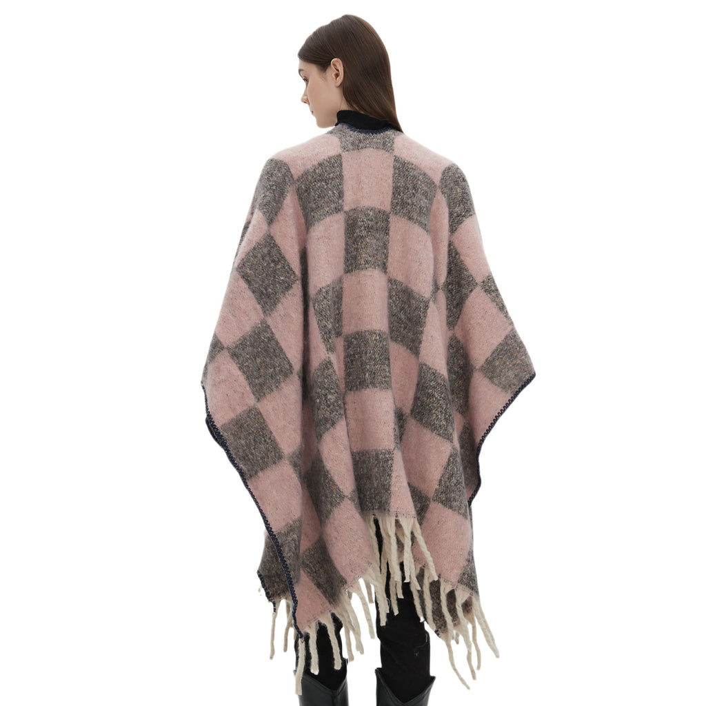 New European, American autumn and winter circle yarn imitation mohair thickened jacquard checkered cross shawl