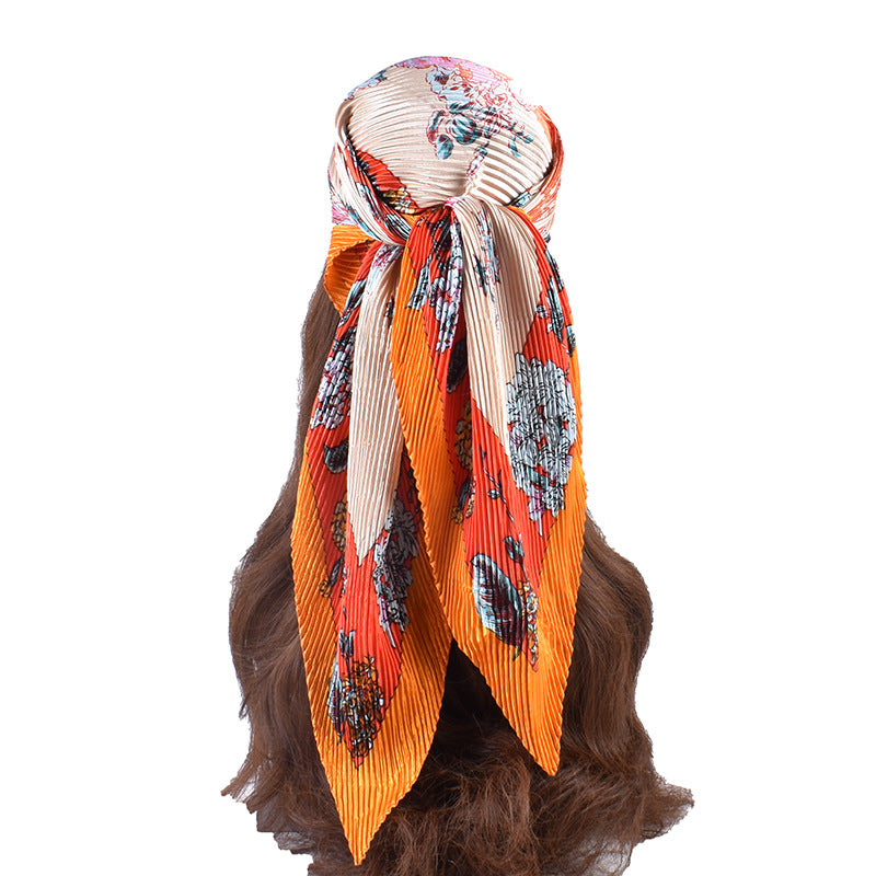 Summer new fashion retro flower pleated 90 satin large square scarf silk scarf imitation silk scarf