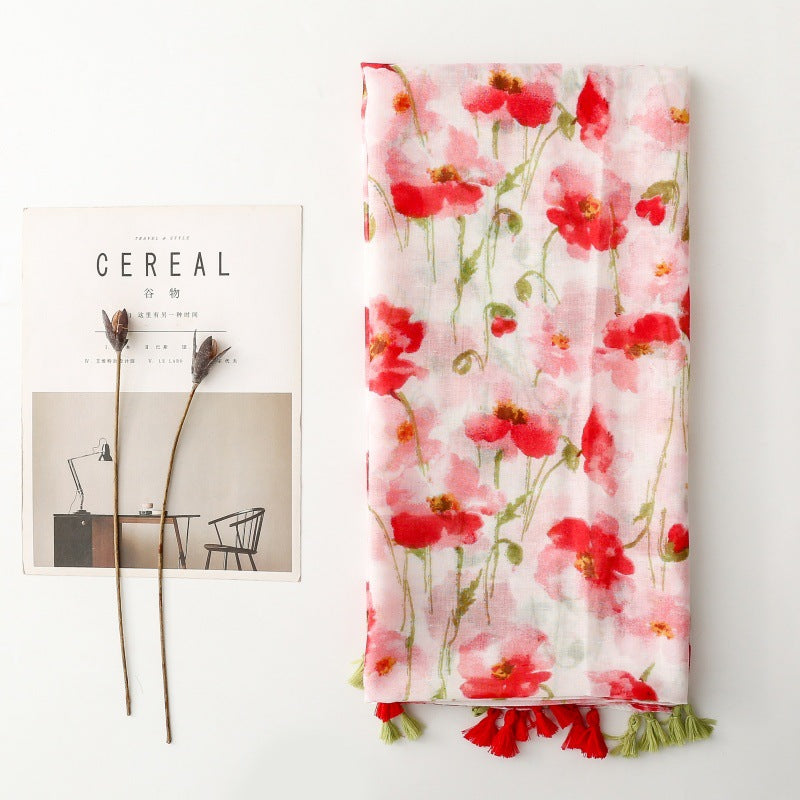 Scarf Bali yarn silk scarf small fresh lady sweet idyllic pink red flower tassel travel shawl woman
