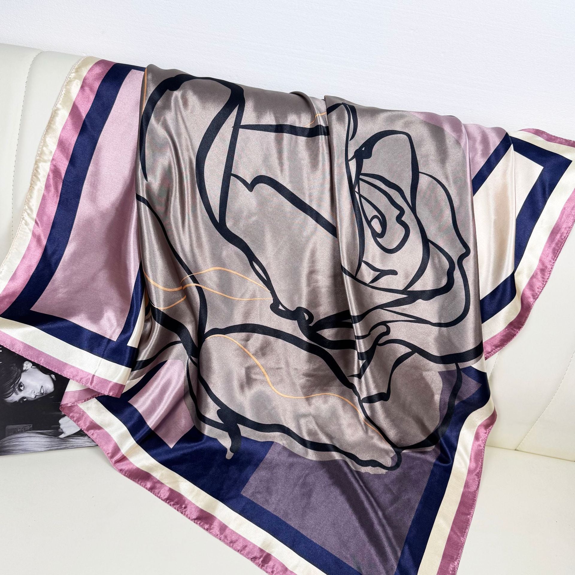 Simple and versatile abstract painting geometric line silk scarf 90cm large square scarf, elegant temperament women's bag head scarf