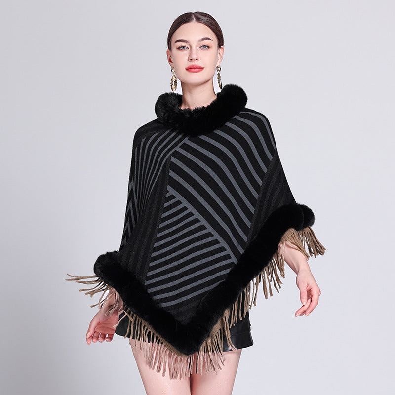 Cross-border Europe, America, autumn and winter new pullover knitting fashion contrasting colors fringed cape shawl shawl outside