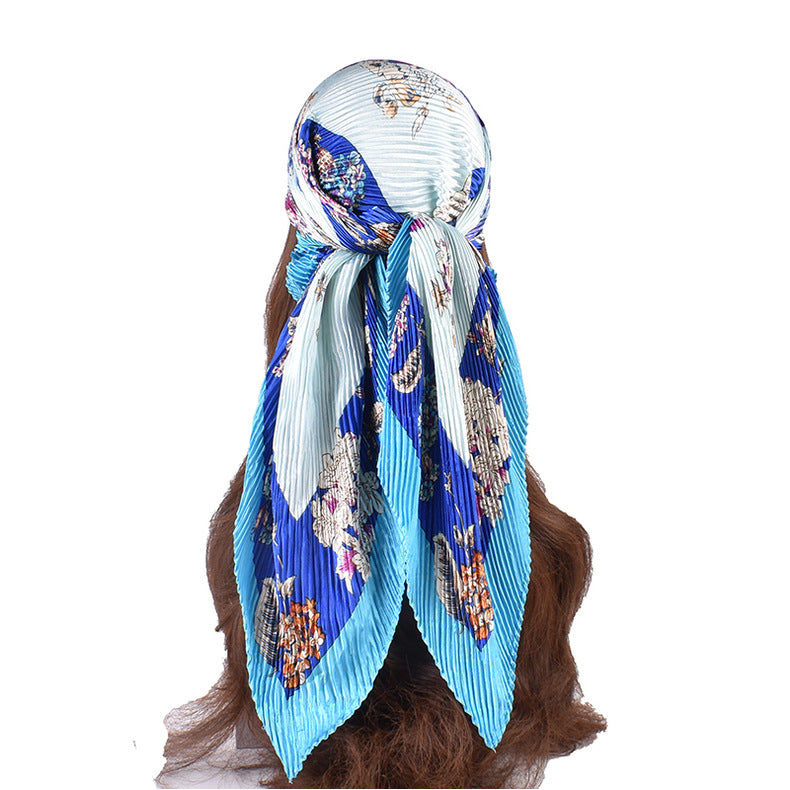 Summer new fashion retro flower pleated 90 satin large square scarf silk scarf imitation silk scarf